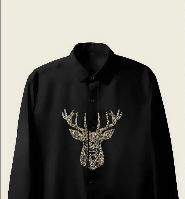 Black Designer Shirt with deer embroidery with golden color