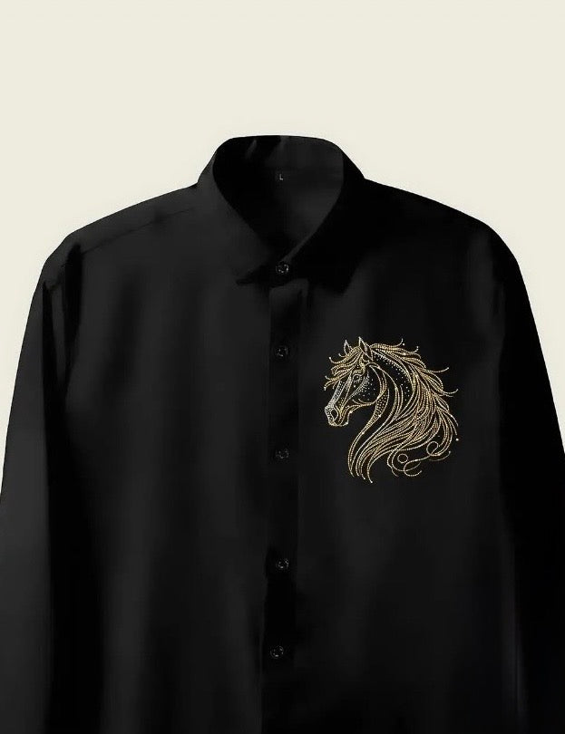 Black Color Shirt with Golden Color Horse Embroidery On the left Side of the Chest